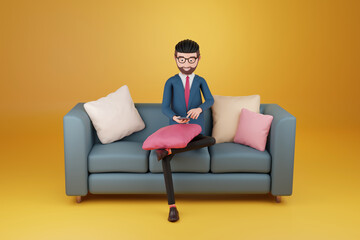 Cartoon character beard businessman wear glasses seat on sofa and using smartphone over yellow background. 3d render illustration.