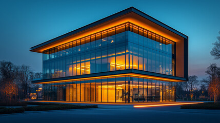 Fototapeta premium Dans la ville, un bâtiment en verre et acier se dresse, une structure moderne avec des bureaux et des fenêtres reflétant le ciel urbain.