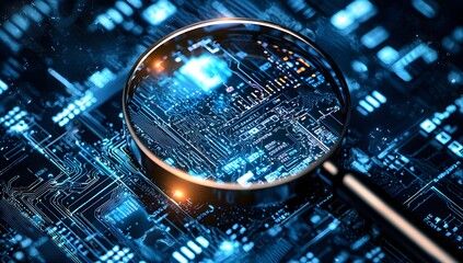 Magnifying Glass Over Circuit Board.