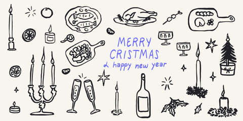 Retro vintage new year drawing set in doodle line art contemporary minimalist print style. Christmas table decorated with candles, food, beverage. Hand drawn ink holiday menu elements collection. © KPstudio
