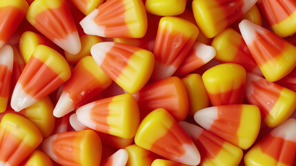 A close up of candy corn with copy space for text or design, candy corn background, Halloween