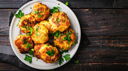 Fresh parsley garnishes golden corn fritters served hot on a plate