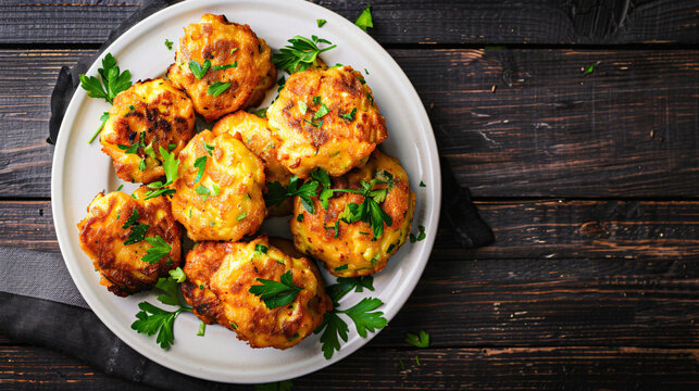 Fresh parsley garnishes golden corn fritters served hot on a plate