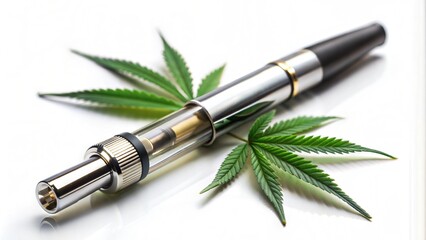  Close-up photo of THC vape with cannabis leaves