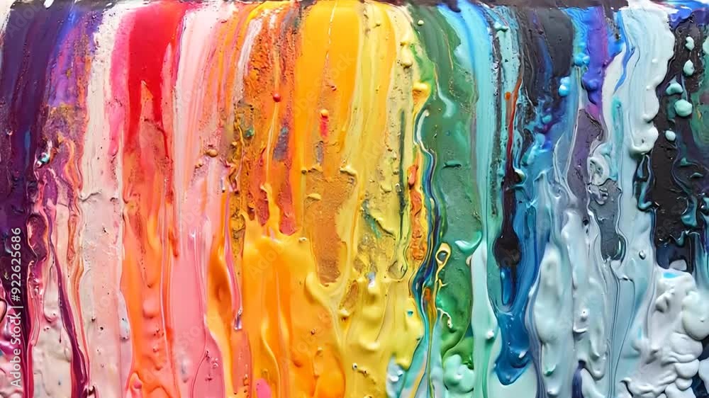 Poster brightly colored paint drips down a canvas, forming a dynamic abstract pattern filled with swirling 