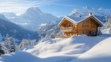 Fototapeta premium An Alpine cottage with a wooden facade, situated in a fairy-tale scenery of snow-capped mountains, providing a perfect winter refuge in a picturesque and peaceful environment.