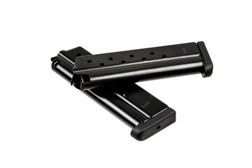 Metal pistol magazine for 9 mm cartridges. Clip for ammunition. Isolate on a white back.