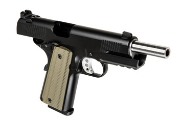 Modern semi-automatic pistol isolate on a white background. Armament for the army and police. Short-barreled weapon