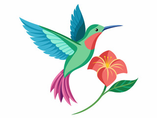 Colibri. Colibri tropical volant multicolore avec fleur isolée sur fond blanc. Illustration vectorielle d’un oiseau paradisiaque brillant survolant la fleur en fleurs - Illustration
