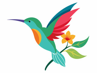 Colibri. Colibri tropical volant multicolore avec fleur isolée sur fond blanc. Illustration vectorielle d’un oiseau paradisiaque brillant survolant la fleur en fleurs - Illustration

