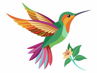 Colibri. Colibri tropical volant multicolore avec fleur isolée sur fond blanc. Illustration vectorielle d’un oiseau paradisiaque brillant survolant la fleur en fleurs - Illustration
