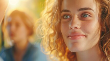 Fototapeta premium Young Woman with Curly Hair Enjoying a Sunny Day Outdoors. Generative ai
