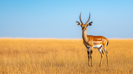 Obraz premium Alone, the impala surveys its surroundings on a vast, golden savannah, under a crystal clear sky.