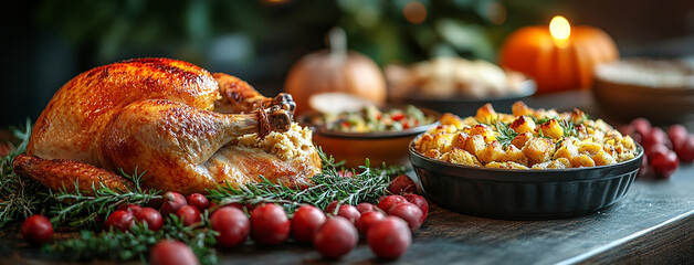 traditional thanksgiving dinner, food photo of bowls filled with thanks giving meal with roast turkey and other foods on a wooden table