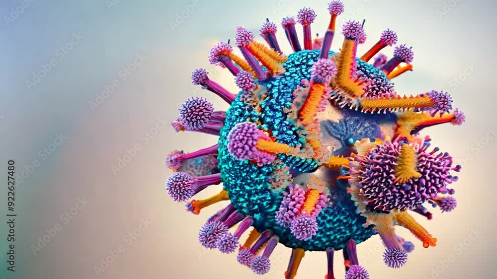 Poster explore the detailed structure of a virus, focusing on its surface proteins and unique colors observ