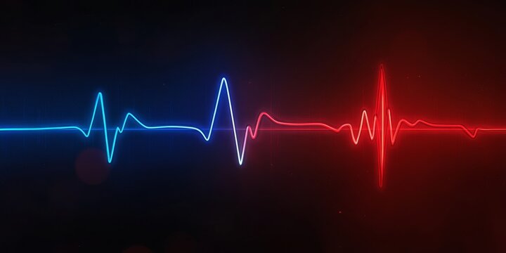 This image illustrates the hearts intricate electrical activity, featuring a colorful cardiogram waveform in blue and red against a dark background that enhances its visual appeal