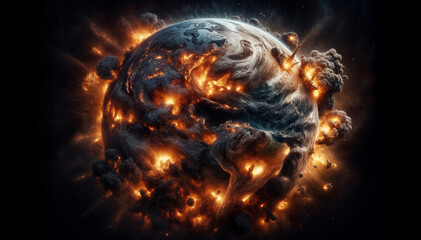 View from space of Earth engulfed in explosions, flames and destruction against backdrop of black universe. Catastrophe, apocalypse, end of world, world war. For book cover, advertising, background
