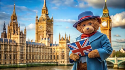 Paddington Bear holding a British flag book near the Houses of Parliament in London. Generative AI