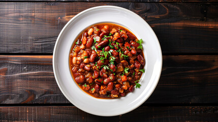 Chili con carne in a white bowl, topped with fresh parsley, on a dark wooden table