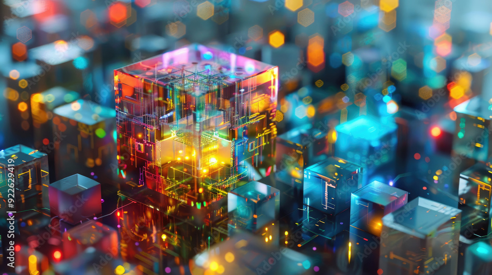 Poster 3d cubes glow with various colors, creating an enchanting, digital art display in a vibrant environm