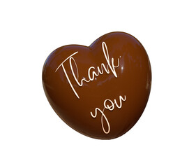 Thank You card with dark chocolate lettering sign. Chocolate heart 3D render