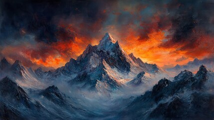Obraz premium Majestic mountain landscape at sunset with fiery sky and snowy peaks