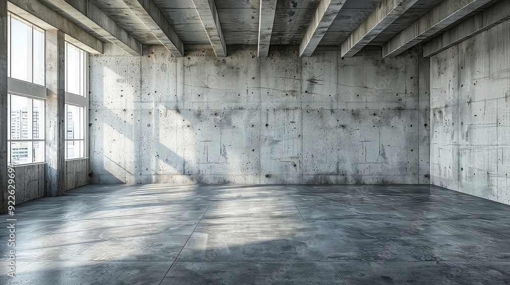Poster an empty room with a concrete floor and walls. the room is lit by sunlight coming through a large wi