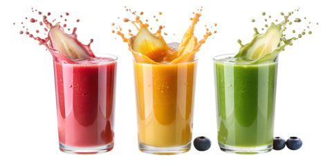 Trio of fresh fruit smoothies with splashes, isolated transparent