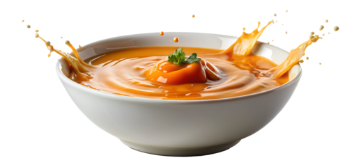 Creamy pumpkin soup splash with herb garnish, isolated transparent