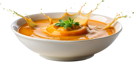 Fresh pumpkin soup with dynamic splash, isolated transparent