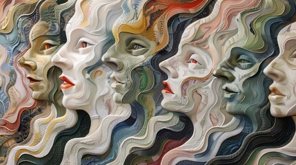 Abstract representation of human faces with flowing patterns and colors.