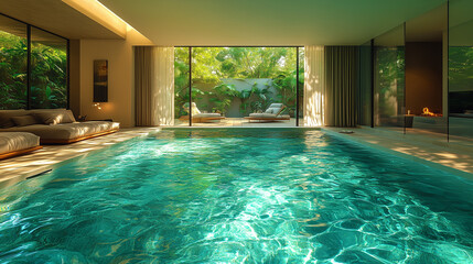 Fototapeta premium En été, dans une villa de luxe, on nage dans la piscine tropicale sous le ciel étoilé, en profitant du jardin et de la détente.