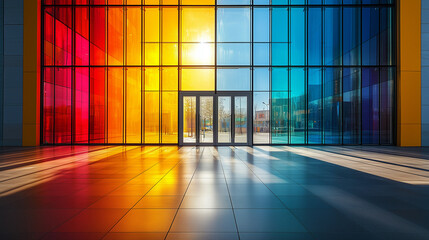 &Agrave; l'int&eacute;rieur d'un b&acirc;timent moderne, la lumi&egrave;re filtre &agrave; travers les grandes fen&ecirc;tres, illuminant le corridor et les parquets du bureau.