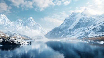 Fototapeta premium Panoramic winter wonderland with snow-capped alpine peaks, glistening glaciers, and endless sky