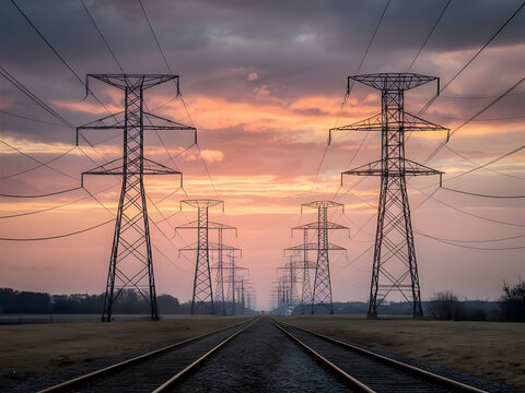 Abundantes l&iacute;neas el&eacute;ctricas de corriente continua de alto voltaje al atardecer
