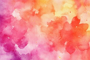 A vibrant watercolor abstract with blends of pink, red, orange, and yellow tones creating a lively and warm atmosphere.