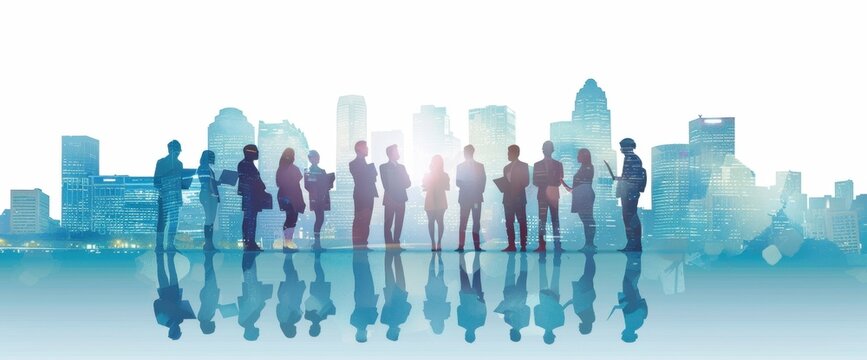 A group of business people standing in front of the city skyline, double exposure photography, silhouette, digital art techniques, light sky blue and dark gray Generative AI