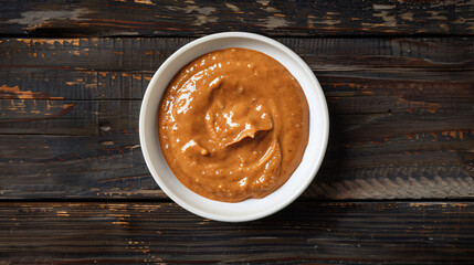 Classic treat: creamy peanut butter in a white bowl on a rustic wooden table
