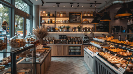 Warm and inviting bakery shop interior showcasing freshly baked goods and cozy ambiance