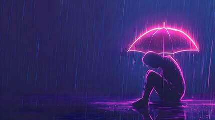 Minimalistyczna ilustracja, Neon, Samotna postać, Siedząca postać, Złamany parasol, Deszcz, Świecący parasol, Kanciaste kształty, Pochylona postać, Symbol depresji, Ciężar emocjonalny, Smutek, Izolacj