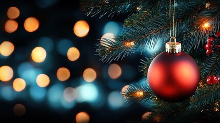 Fototapeta premium Christmas Tree With ornamentss And Blurred bokeh Lights copy space