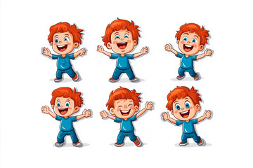 Sticker collection, six little redhead boys wearing blue t-shirts and jeans