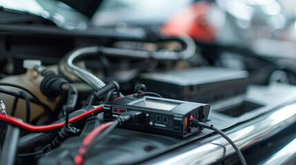 Close up of a diagnostic tool connected to a vehicle at an auto repair shop during daylight