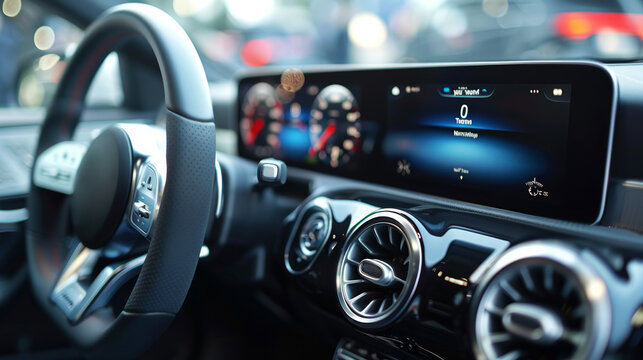 Close-up view of a modern car dashboard showcasing advanced technology and design features