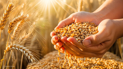Close-up of hands tenderly holding a pile of wheat grains in a wheat field