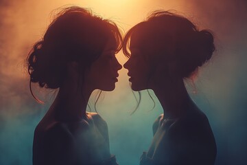 Two women with mirrored silhouettes. Conveys introspection and a lesbian couple, perfect for artistic and LGBT-related themes.