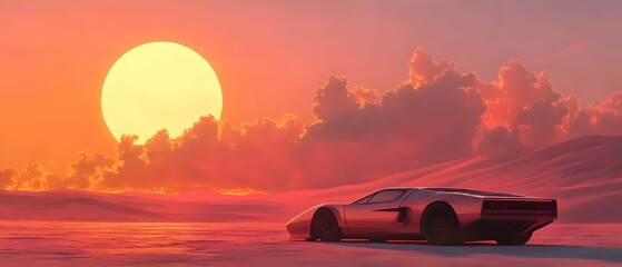 Sunset Mirage: Vintage Sports Car Against Desert Dunes. Generative AI