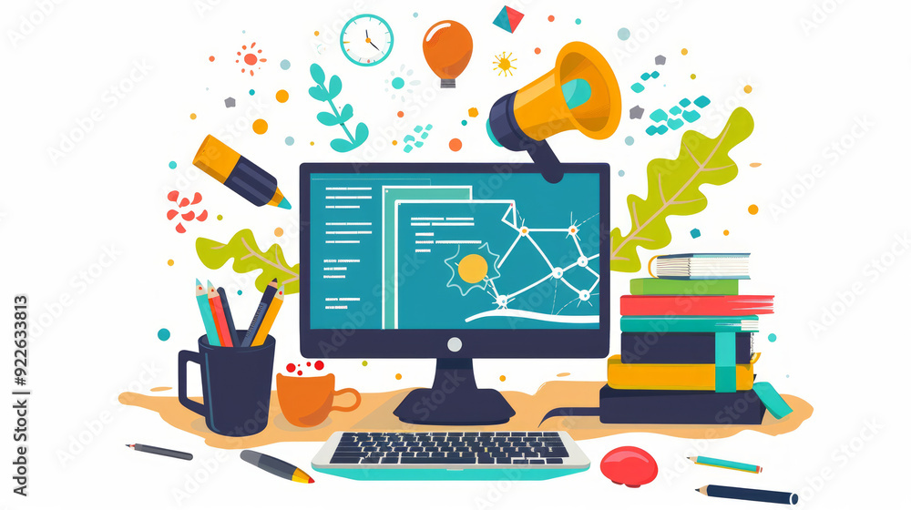 Poster engaging educational computer screen surrounded by tools for learning during study time