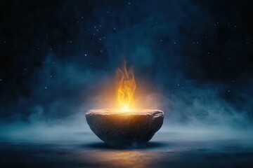 A mesmerizing flame dances above a stone bowl, surrounded by mystical smoke, creating an enchanting and magical atmosphere.