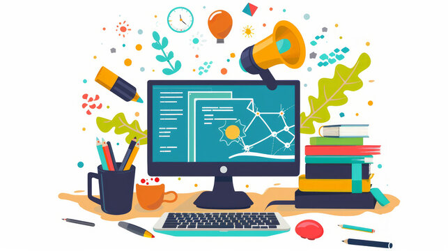 Engaging educational computer screen surrounded by tools for learning during study time